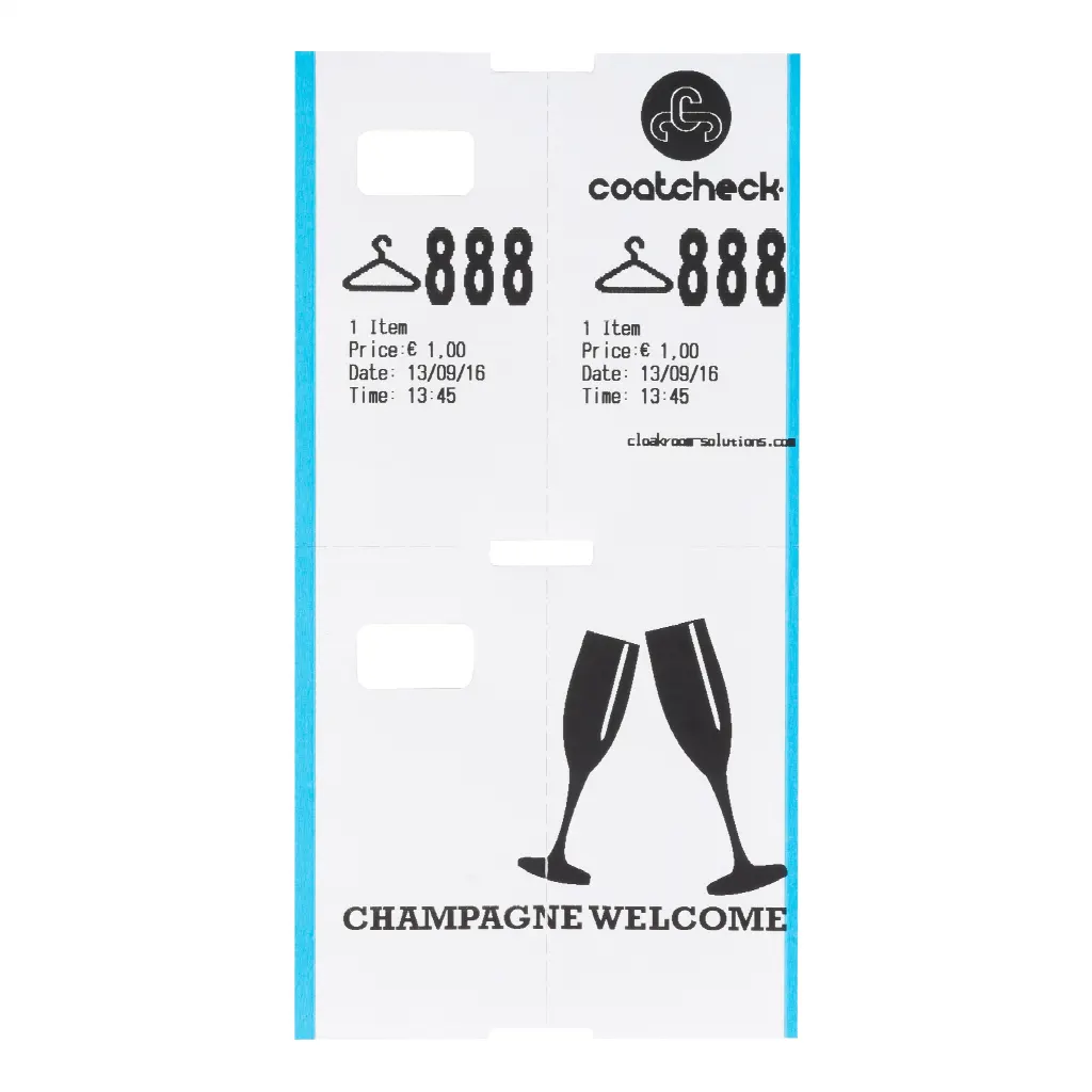 Coatcheck-Garderobentickets, 14 Rollen x 325 Tickets, weiß mit blauem Rand